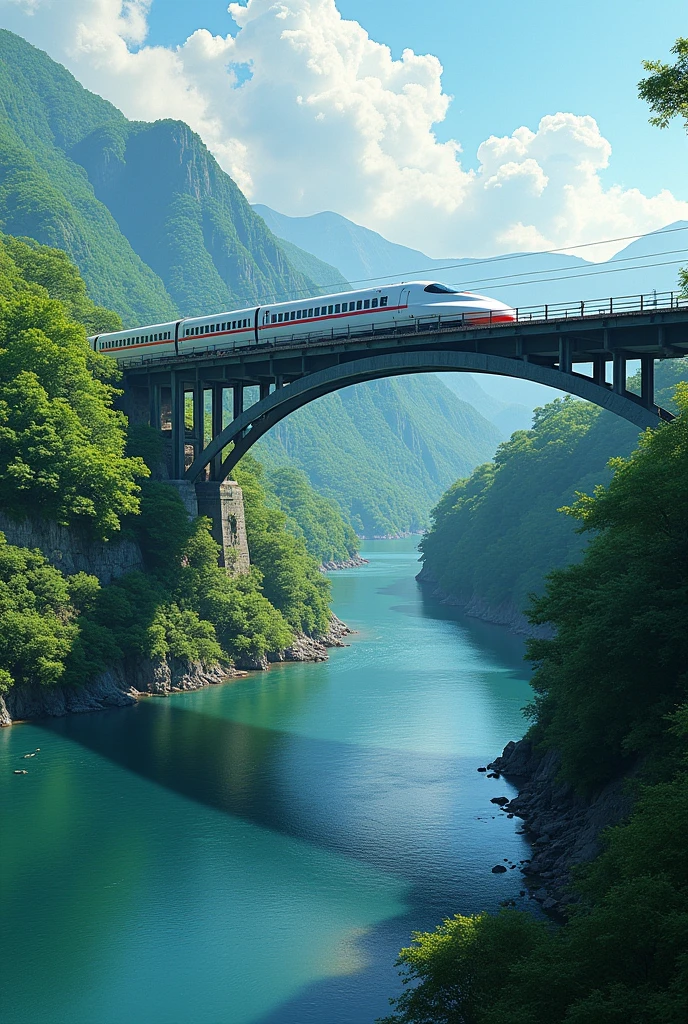 a Shinkansen crossing the bridge、a river in the middle、Surrounded by trees