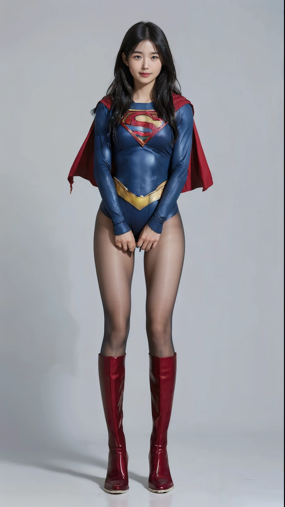 No background、(((Beautiful legs in black tights.)))、(((Legally express the beauty of your smile)))、((((Make the most of your original images)))、(((Supergirl Costume)))、(((Beautiful Hair)))、(((suffering)))、(((Please wear black tights....、Wear red boots)))、((Best image quality、8k))、((Highest quality、8k、masterpiece:1.3))、(((Preserve background )))、Sharp focus:1.2、Beautiful woman with perfect figure:1.4、Slim Abs:1.2、Wet body:1.5、Highly detailed face and skin texture、8k