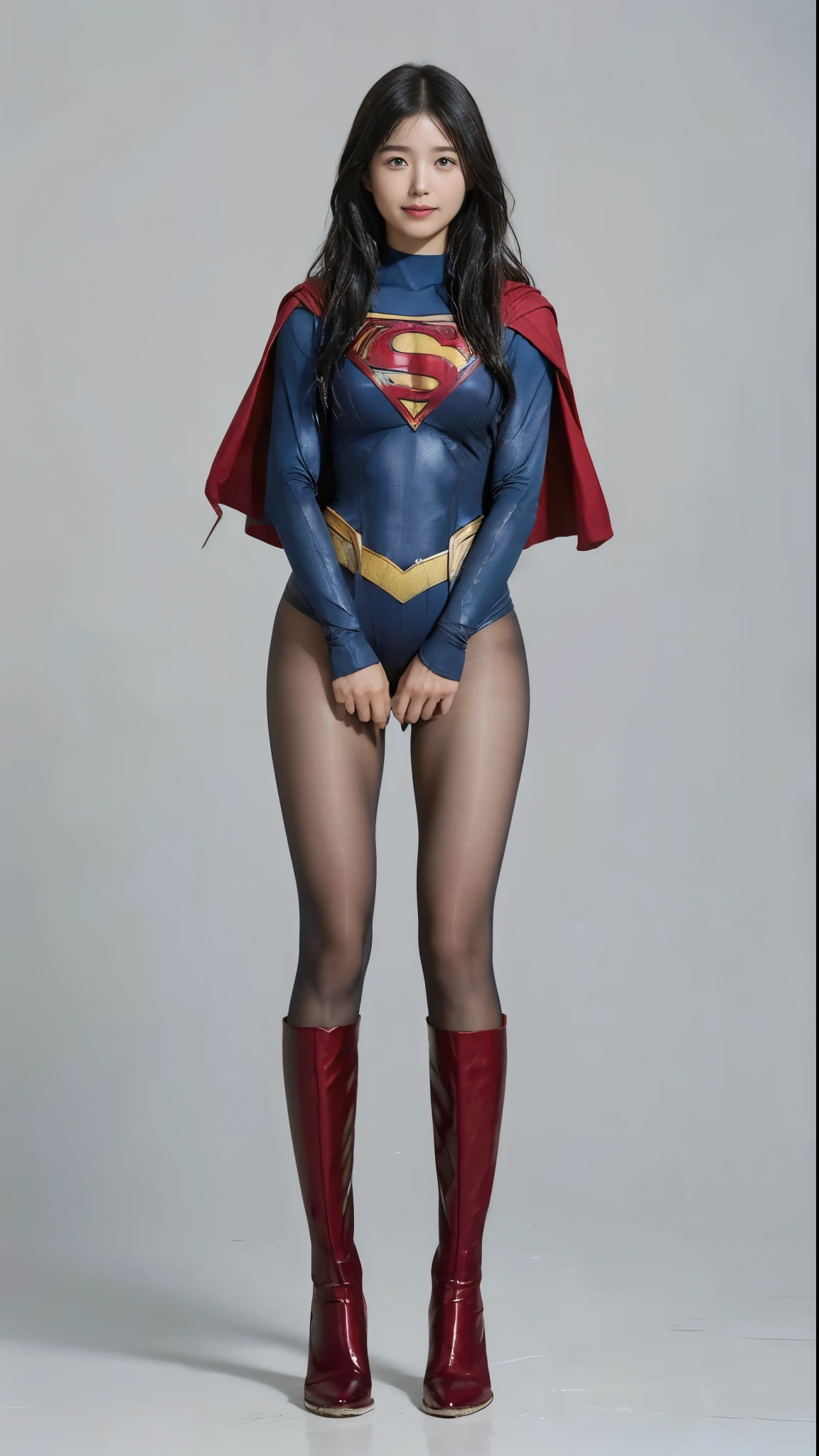 No background、(((Beautiful legs in black tights.)))、(((Legally express the beauty of your smile)))、((((Make the most of your original images)))、(((Supergirl Costume)))、(((Beautiful Hair)))、(((suffering)))、(((Please wear black tights....、Wear red boots)))、((Best image quality、8k))、((Highest quality、8k、masterpiece:1.3))、(((Preserve background )))、Sharp focus:1.2、Beautiful woman with perfect figure:1.4、Slim Abs:1.2、Wet body:1.5、Highly detailed face and skin texture、8k