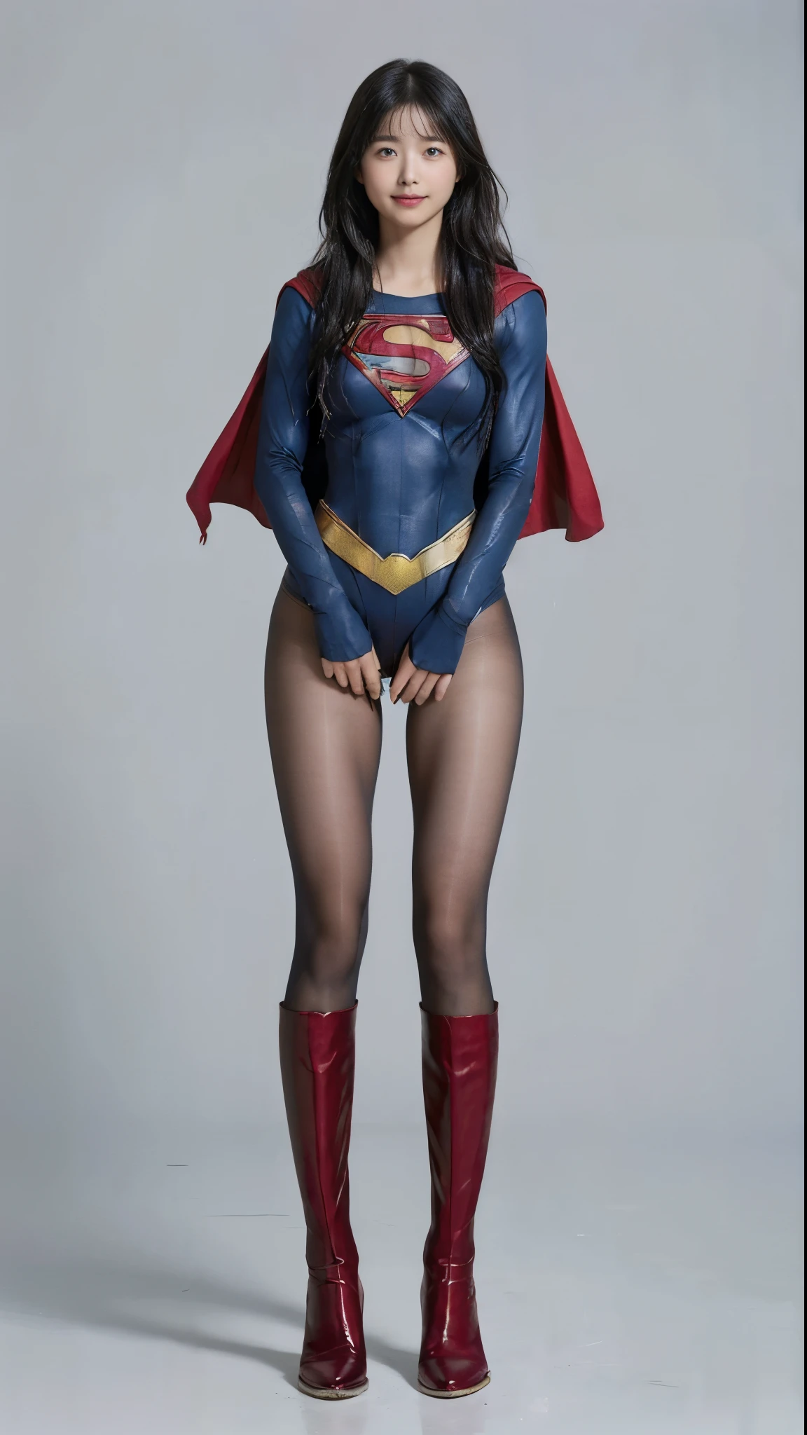 No background、(((Beautiful legs in black tights.)))、(((Legally express the beauty of your smile)))、((((Make the most of your original images)))、(((Supergirl Costume)))、(((Beautiful Hair)))、(((suffering)))、(((Please wear black tights....、Wear red boots)))、((Best image quality、8k))、((Highest quality、8k、masterpiece:1.3))、(((Preserve background )))、Sharp focus:1.2、Beautiful woman with perfect figure:1.4、Slim Abs:1.2、Wet body:1.5、Highly detailed face and skin texture、8k