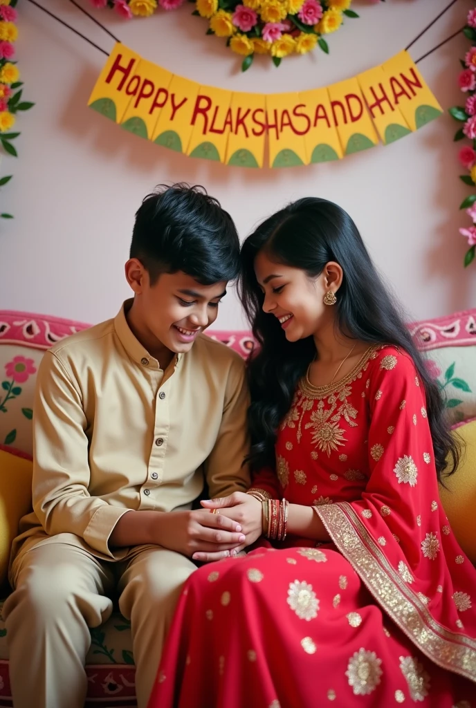 A lifelike 4K image of a 17-year-old brother and 20-year-old sister sitting on a floral patterned sofa. The sister, wearing a bright red salwar kameez, is tying a glittering rakhi on her brother's wrist. The brother, in a beige kurta, holds a small gift bag. Both are smiling warmly. A colorful "Happy Raksha Bandhan" banner hangs on the wall behind them, with "Bikash & Laxmi" written below in decorative script.