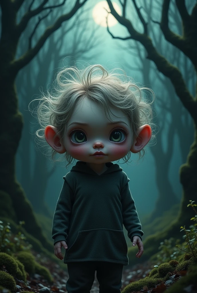 Create a surreal and psychologically unsettling creature that instills fear not because it is terrifying, but due to its uncanny appearance. The creature has the body of a toddler but with the head of a very old man. The head should be unnervingly realistic, with vibrant, iridescent hair and piercing eyes that seem to watch with an almost sentient awareness. The body should be slightly distorted in a way that feels unnatural, adding to the discomfort. The setting is an eerie, dimly lit forest where the creature is blending into the shadows, creating an unsettling atmosphere that plays on the viewer's mind