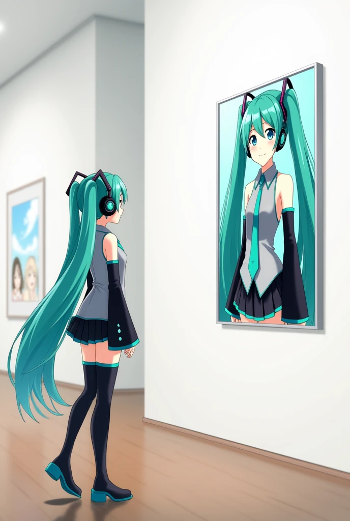 Anime art, anime style, detailed drawing, white background, high definition, high quality, one girl, solo, Hatsune Miku, aqua hair, twin tails, head ornament, headphones, number tattoo "01" (red, located on her left hand), grey sleeveless collared shirt, black detached sleeves with aqua lines, five fingers with aqua nails, aqua necktie, black pleated mini skirt with aqua lines, zettai ryouiki, thigh-high black boots with aqua lines.

Anime art, anime style, detailed drawing, white background, high definition, high quality, one girl, solo, Hatsune Miku, aqua hair, twin tails, head ornament, headphones, number tattoo "01" (red, located on her left hand), grey sleeveless collared shirt, black detached sleeves with aqua lines, five fingers with aqua nails, aqua necktie, black pleated mini skirt with aqua lines, zettai ryouiki, thigh-high black boots with aqua lines.

Miku Hatsune in the museum is looking at a painting herself on the wall.
