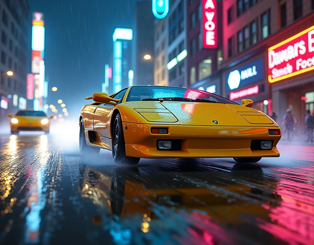 Lamborghini diablo sv color yellow, drifting chase, action shot, high speed, night life, heavy rain, lens flare, intricate, elegant, highly detailed, realistic, concept art, matte, sharp focus, hearthstone