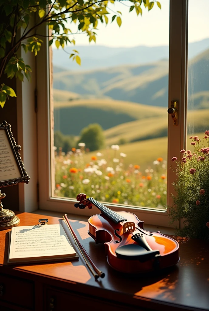 Create an image of a Viola, String family on a desk in front of a music stand with a score and the bow beside it, with the beautiful landscape
