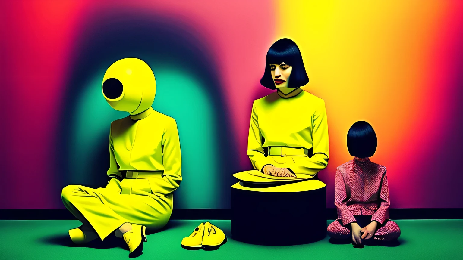 Uma is a character from a psychedelic being wearing yellow clothes.,and black hair , standing alone, 1 , sitting down, male focus, parody, emo hair, Science fiction, realisitic, art deco style, baldie, attention-grabbing doll