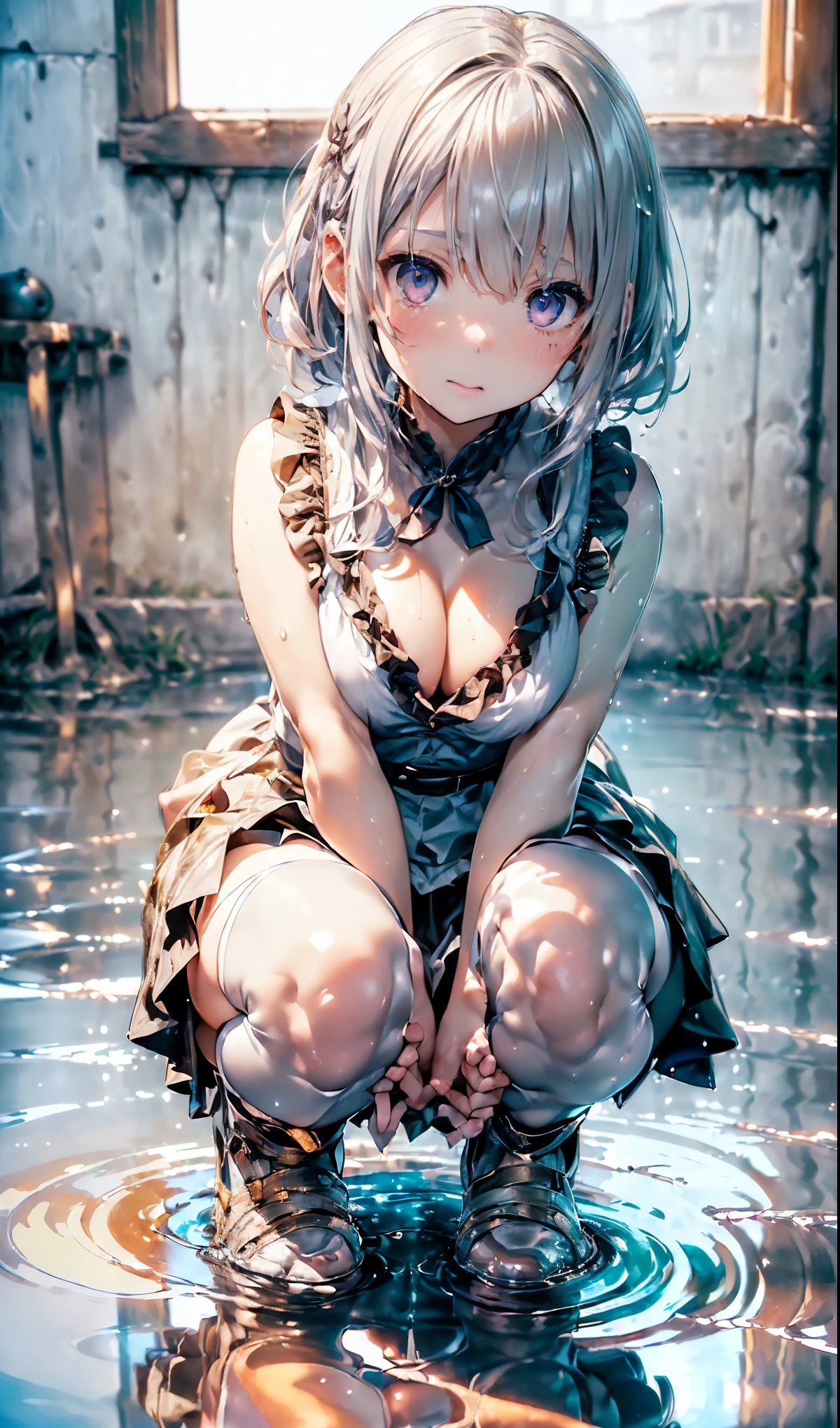 Browsing Caution,(Official Art、Highest quality、unity 8k wallpaper、32K、masterpiece、Very detailedな、超High resolution、Realistic、Photorealistic:1.2)、(Cinema Lighting:1.2)、Fire glow effect、Film Grain、Best Shadow、Rim Light、Side light、(Very detailedで複雑な3Dレンダリング)、Beautiful background、Beautiful face and eyes in every detail、(Beautiful and sharp pupils, High resolution、Highest quality, 超High resolution, Maximum resolution, Very detailed, Professional Lighting, Beautiful Skin,break,
(Perfect hands, Perfect Anatomy,Detailed eyes:1.5,Beautiful Eyes:1.5),(((hyoudou michiru, alone, Black knee socks, Black Skirt, , Frilled Skirt, Removable sleeves, Sleeveless shirt, White shirt, Red ribbon ,Maid's Headdress))), (((Focus on the chest、Pay attention to the panties)))、Thick outline:1.3、Fine contours、Distinct colors、Vibrant colors,break
非常にBeautiful Eyes、Beautiful, shining eyes that reflect the light:1.3、非常にDetailed face、Clear Eyes、Beautiful Skin、Fair skin、bright、Vibrant colors、(((Beautiful silver hair:1.3))),break
(((:1.3))),,Cute Face, Detailed face, Detailed skin, Detailed clothing, Detailed fingers, Toned Legs,Narrow waist、Attractive thighs、Incredibly slim legs、Incredibly slim thighs、Smooth and beautiful thighs、 Beautiful legs with minimal unevenness、Her thighs are wet with an amazing amount of cum, A lot of milk spills from the mouth,break Extremely heavy sweating,(((Amazingly large breasts:1.3、Amazingly voluptuous and large breasts:1.5,Big Breasts:1.5,Beautiful breasts、Beautiful breastsの形、Pointed Chest、The tip of the chest is sharp、An amazing amount of semen is spilling all over her boobs, making them wet:1.3、Only one pale pink nipple is exposed.))),break
(((Squat with your legs spread out to the side:1.3,Attractive cleavage,Spread your legs 120 degrees、Crouching over a small puddle.:1.5)))、Water dripping from the crotch、Transparent colored pee,break The part hidden under underwear is revealed、Pubic hair growth、 break Garter、leg garter、Black knee-high socks skirt 30cm above the knee、Very small skirt,break
(((Small panties exposed:1.3、The crotch of the panties is wet))),break The second, third, Shirt4The second button is undone、Exposing the upper arm、Red collar:1.3,break Brown loafers,break
pantypull,pantyhose,panties,(((Many parts of the clothing are torn and tattered:1.3))),panties around one leg, panties around one ankle ,break Open your mouth wide、Masturbation、peace sign、anxiety、(((I'I'm so embarrassed my cheeks are red:1.5、Imminent sex、Impending blowjob)))、blush with embarrassment,orgasm、Ecstasy、Iの顔はたくさんのミルクで濡れています,((Raise your skirt yourself、Lift the hem of a skirt:1.5)),break
(((Shooting from below)))、The whole body is visible、 Bright and stylish cafe、Beautiful views,Masturbation,breast lift,(((test:1.5,change)))