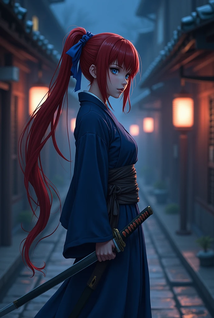 An anime Japanese woman in a kimono, with blue eyes, red hair in a long ponytail, gray hakama, and a blue outfit. She has a katana on her left hip and large breasts. She has a blue ribbon in her hair. It is night, and the street in Kyoto is very dark. She is in the middle of killing, covered in blood pouring down her body like a waterfall. Her face is down, and she is biting her lower lip. Her eyes are devoid of light. She is standing.