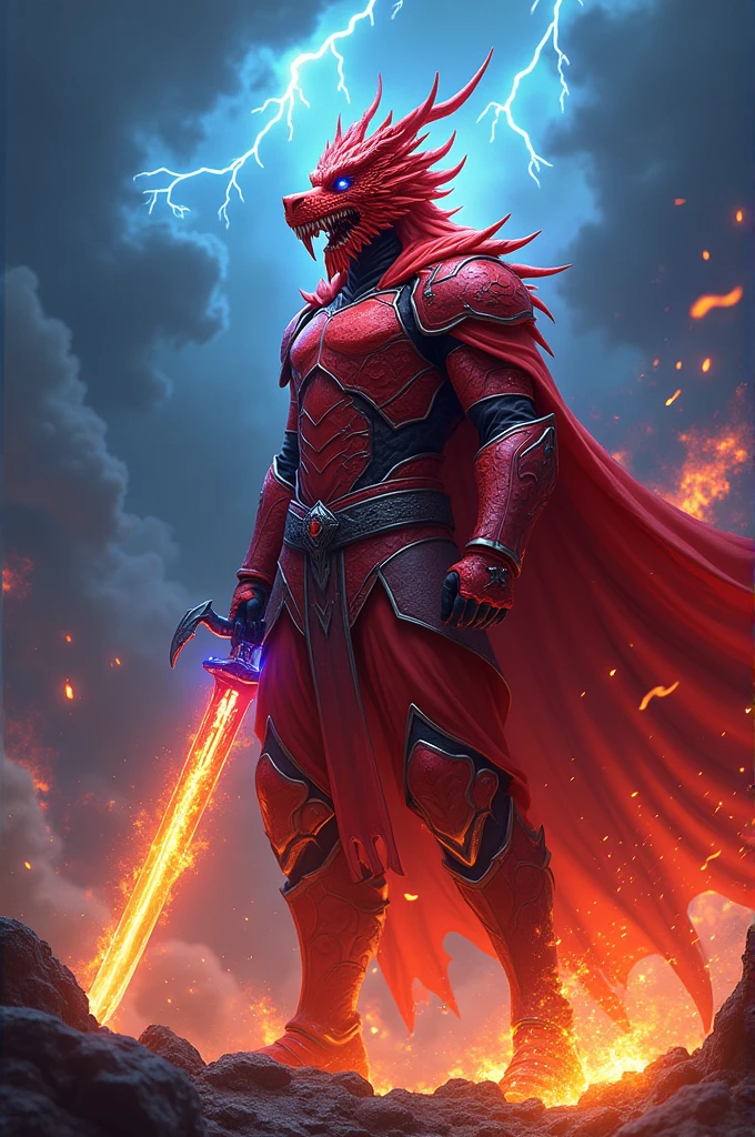 Red armor with blue fire, wielding a flaming sword and a red dragon helmet. 