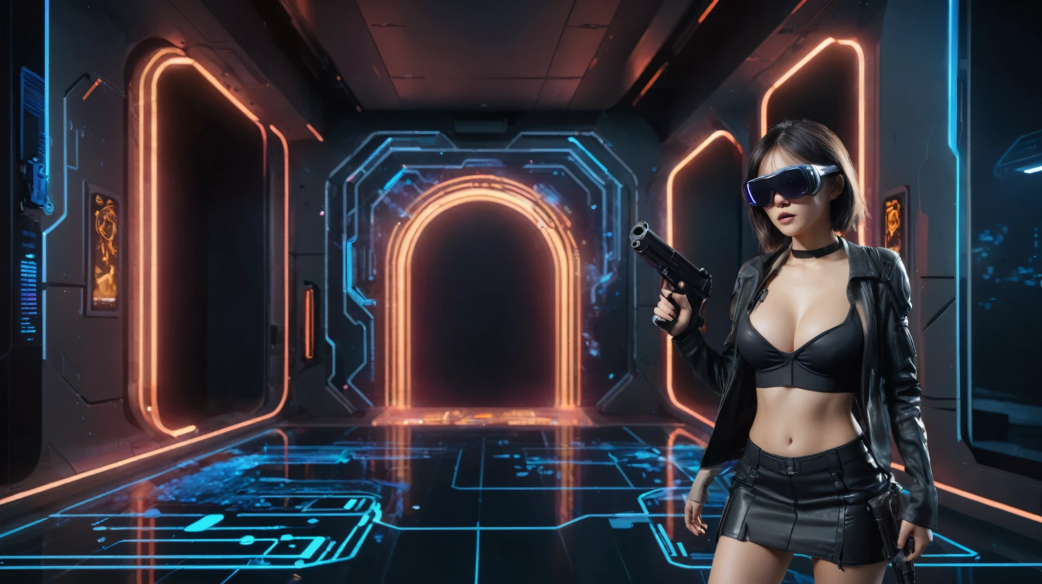 A futuristic sci-fi virtual battle field of war game, shooting range with moving targets, flying vehicle, neon waterfalls. High-resolution OLED GUI interfaces in the building, The windows are filled with transparent data visualization infographics that show it all, from weather patterns to traffic flow, Matrix cascading code. Colors are saturated and vibrant. At night, (1girl, solo), photo realistic, medium-breast:1.3 slim body, cleavage, sling top, miniskirt, (mini VR sunglasses, holding a short gun), half-body thigh level medium shot, cinematic lighting, ray tracing.