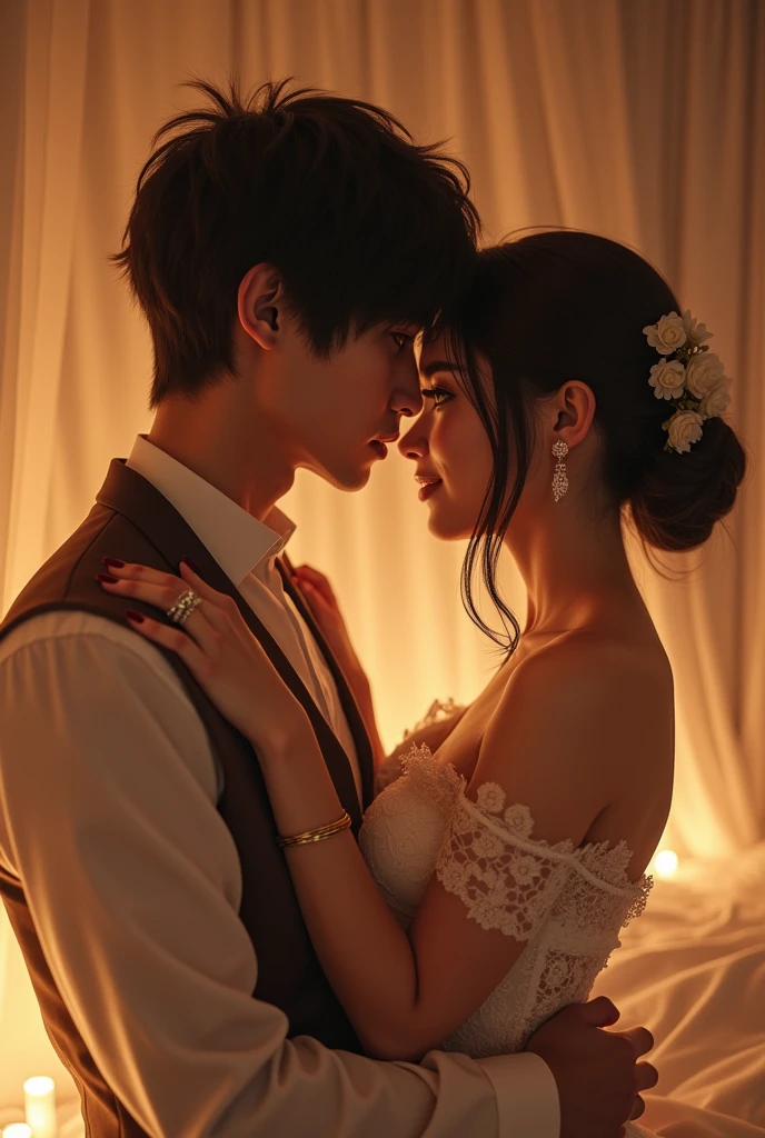 Mikasa Ackerman, the stoic beauty from Attack on Titan, on her wedding night, embracing a tender moment with her husband. She has gracefully changed out of her elaborate bridal gown into a more intimate ensemble that perfectly complements the soft ambiance of their private chamber. The white bodice she wears is a delicate fusion of lace and satin, hugging her form gently while leaving her shoulders bare, revealing the faintest outline of the scarf that holds her hair in a loose, romantic updo. The garment is adorned with intricate floral embroidery that shimmers faintly in the candlelight, mirroring the blossoming love between the couple. A sheer, flowing skirt of the same fabric sweeps the floor, creating an ethereal aura around her as it catches the shadows of the flickering flames. The room is bathed in a warm, golden glow, casting a serene and intimate atmosphere. Mikasa's eyes, filled with a rare softness and vulnerability, meet her husband's loving gaze, while a gentle smile plays on her lips. The scene is one of pure, unbridled affection, showcasing a side of Mikasa rarely seen in her fierce battle attire. The tender embrace shared between them whispers of a quiet strength found in their union, a stark contrast to the tumultuous world outside their sanctuary. The only other visible detail is the simple yet elegant ring on her finger, a symbol of their eternal bond. The background is kept minimal, focusing solely on the couple as they stand before a large, canopied bed with plush white linens, allowing the viewer to fully appreciate the depth of their connection.