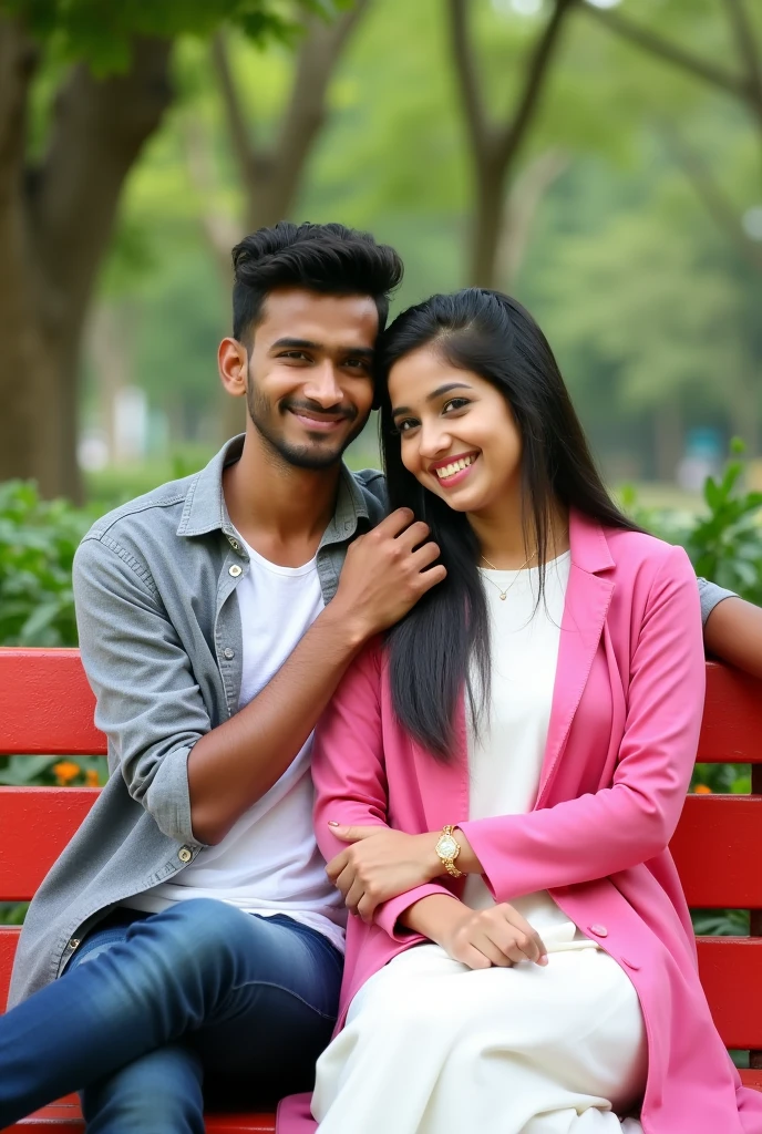 A young couple is sitting on a red bench in a park, a 17 year old Indian young slim boy with comma haircut and wearing a grey shirt and t-shirt inner and a 19 year old young girl wearing a pink and white Indian suit, the young Indian boy has his hand on the young girl's neck and they both are looking at the camera. They are in love and happy together. The background has a blurred image of green trees and plants. The image is shot in a