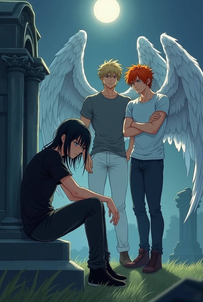 First character: A guy with long black hair, gray eyes, Beautiful face, Beautiful skinny body, black T-shirt, black trousers, black boots,sad, sitting in a graveyard in front of a headstone. The second character is a guy: blond, Beautiful, Pumped up body, in a gray shirt and white pants, black boots, with large angel wings and brown eyes. Third Character: guy with orange hair, in a white T-shirt and dark gray pants, Brown boots, Blue eyes, Large angel wings. anime art, masterpiece, realistically, super detail, Hand detailing,