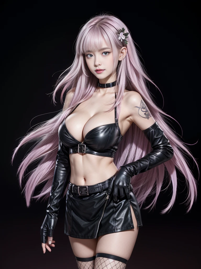 long_hair, Fishnets, thighhighs, Fishnet_legwear, tattoo,pink hair,Blue_eyes, navel, black_background, skirt, gloves, pink_hair, smile, (hair_ornament:1.1),upper body, ((Sexy long legs)), ((Full breasts, Visible cleavage)), Sweet maiden, sweet smile, Variety of slim and cute beauties, Slender figure, Multi-colored hair,Striped hair,Cross Bangs,Messy hair,Colored contact lenses,Flower-shaped pupil,make up,shy,Blush,Parted lips,Heavy breathing,moan,torogao,Surrealism,Realism,Movie Lighting,Relief,Sony FE GM,Retina,masterpiece,precise,Anatomically correct,Textured Skin,Super Detail,High Detail,best quality,Beautiful dance dynamics, Bright pastel colors, Visible cleavage, Pretty and beautiful, Sexy long legs, Ethereal,Mixing reality and fantasy elements, Complex patterns, rich and colorful