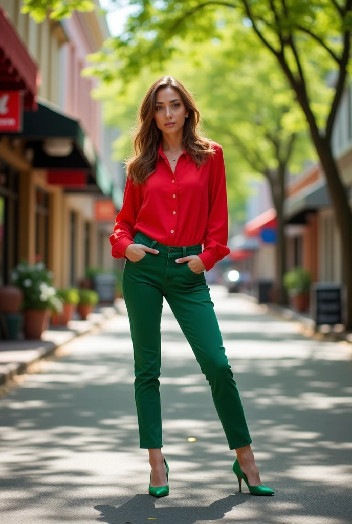 A woman wears red colour shirt and green color shoes.she is standing on the road . Clear full photo .