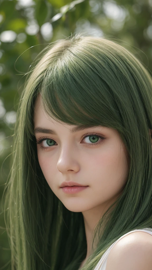 a girl, european, extremely detailed face, oval face, delicate facial features, charming and extremely detailed half-closed eyes, green eyes, long straight and very thick hair, green hair, sad, soft and gentle expression