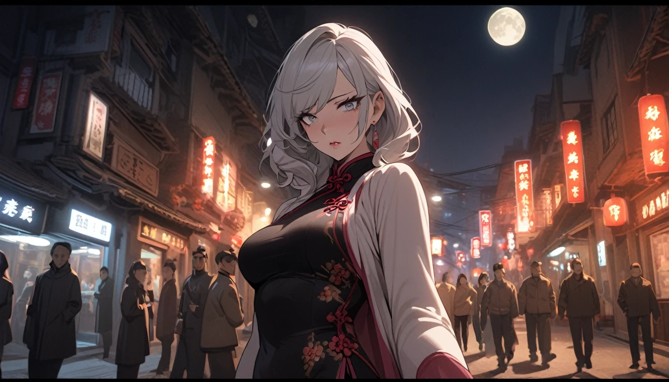 masterpiece, the best, night, full moon, 1 female, mature woman, Chinese style, China, Sister, Royal sister, cold face, Poker face, woman with long silver hair, light pink lips, calm, intellectuals, Three bangs, gray pupil, assassin, struggle, street view, facial details,