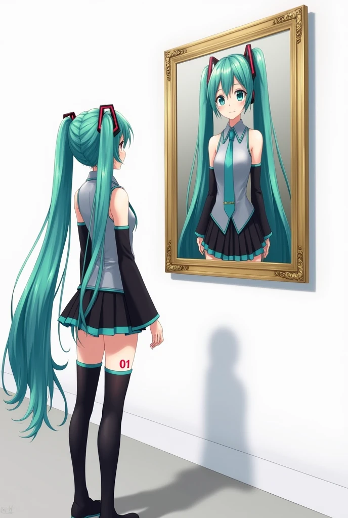 Anime art, anime style, detailed drawing, white background, high definition, high quality, one girl, solo, Hatsune Miku, aqua hair, twin tails, head ornament, headphones, number tattoo "01" (red, located on her left hand), grey sleeveless collared shirt, black detached sleeves with aqua lines, five fingers with aqua nails, aqua necktie, black pleated mini skirt with aqua lines, zettai ryouiki, thigh-high black boots with aqua lines.

Anime art, anime style, detailed drawing, white background, high definition, high quality, one girl, solo, Hatsune Miku, aqua hair, twin tails, head ornament, headphones, number tattoo "01" (red, located on her left hand), grey sleeveless collared shirt, black detached sleeves with aqua lines, five fingers with aqua nails, aqua necktie, black pleated mini skirt with aqua lines, zettai ryouiki, thigh-high black boots with aqua lines.

Miku Hatsune in the museum is looking at a painting herself on the wall.