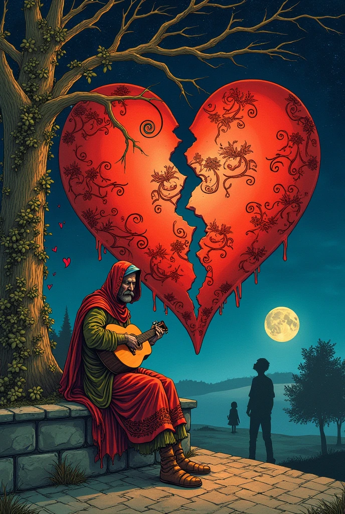 Album cover for a band called Aldea Medieval and the album will be called AMOR ROTO with an illustration in a drawing style