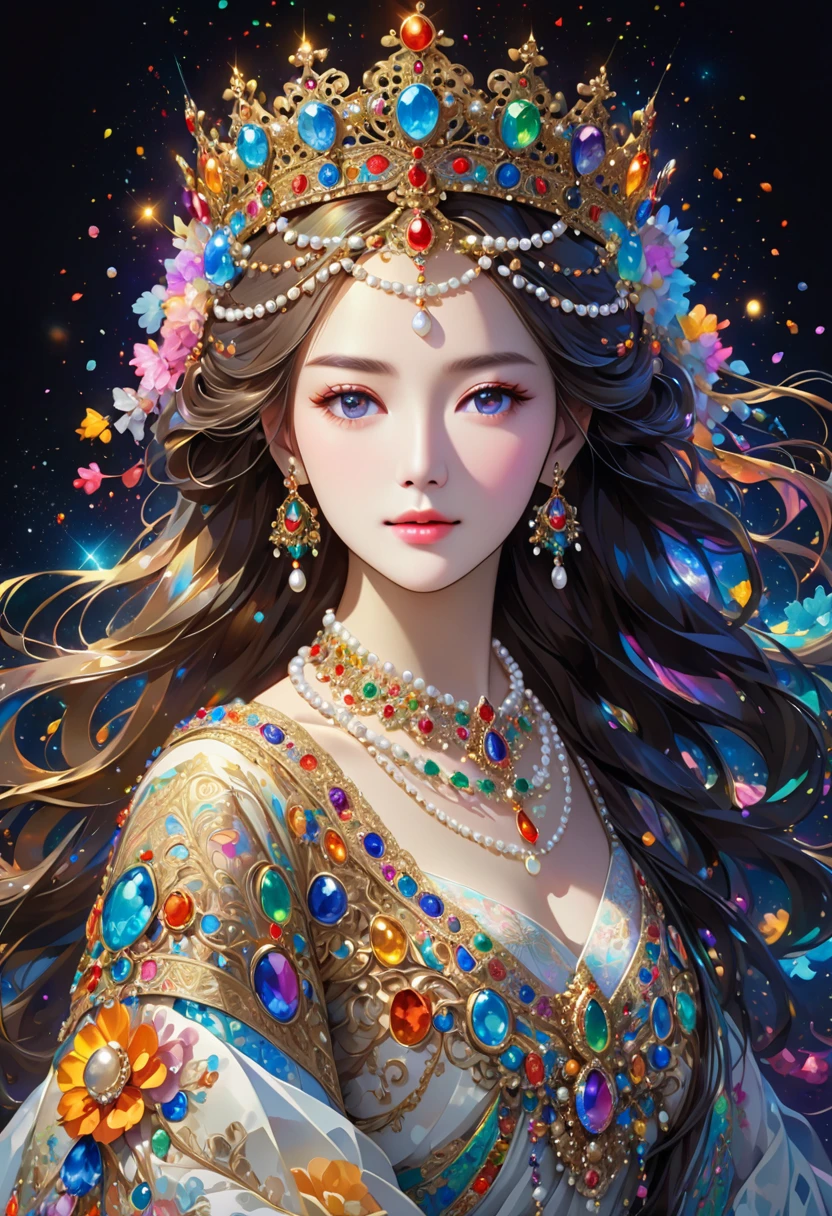 The image shows a person with long, flowing hair adorned in a crown decorated with various gemstones and intricate designs. The person is also wearing an elaborate necklace with multiple colorful gemstones and possibly pearls, which match the adornments on the crown. The background is dark, accentuating the luminous and detailed jewelry. The overall effect is ethereal and regal.