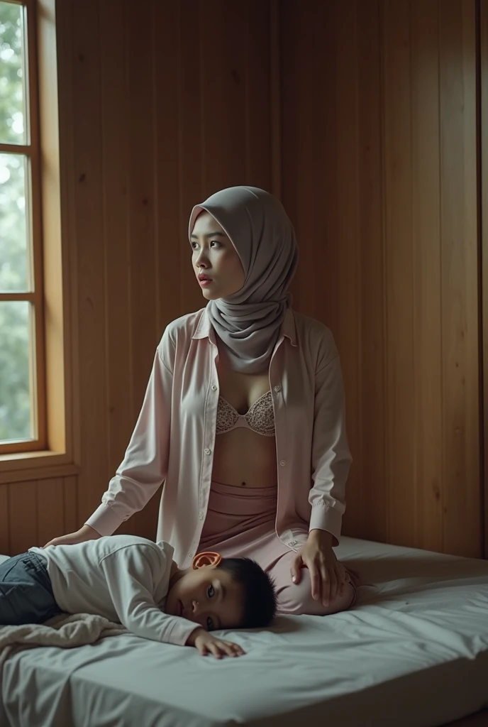 beautiful Indonesian hijab woman aged 32 years, slim, wearing a kebaya with the buttons open, her bra visible, with a scared expression, with her face looking towards the door in a room, having sex in a woman on top style with an elementary school boy. on a simple mattress in a room with wooden plank walls and glass windows,