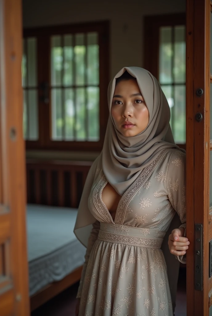 beautiful Indonesian hijab woman aged 32 years, slim, wearing a kebaya with the buttons open, her bra visible, with a scared expression, with her face looking towards the door in a room, having sex in a woman on top style with an . 9 years old on a simple in a room with wooden plank walls and glass windows,