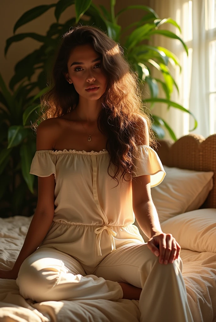 (photorealism:1.2), beautiful woman, sitting on bed, wearing loose off-shoulder top, pajama pants, long curly hair, indoors, soft lighting, plants in background, window with sunlight, cozy room, relaxed pose, realistic, intricate details, warm colors, by Greg Rutkowski, by Alphonse Mucha