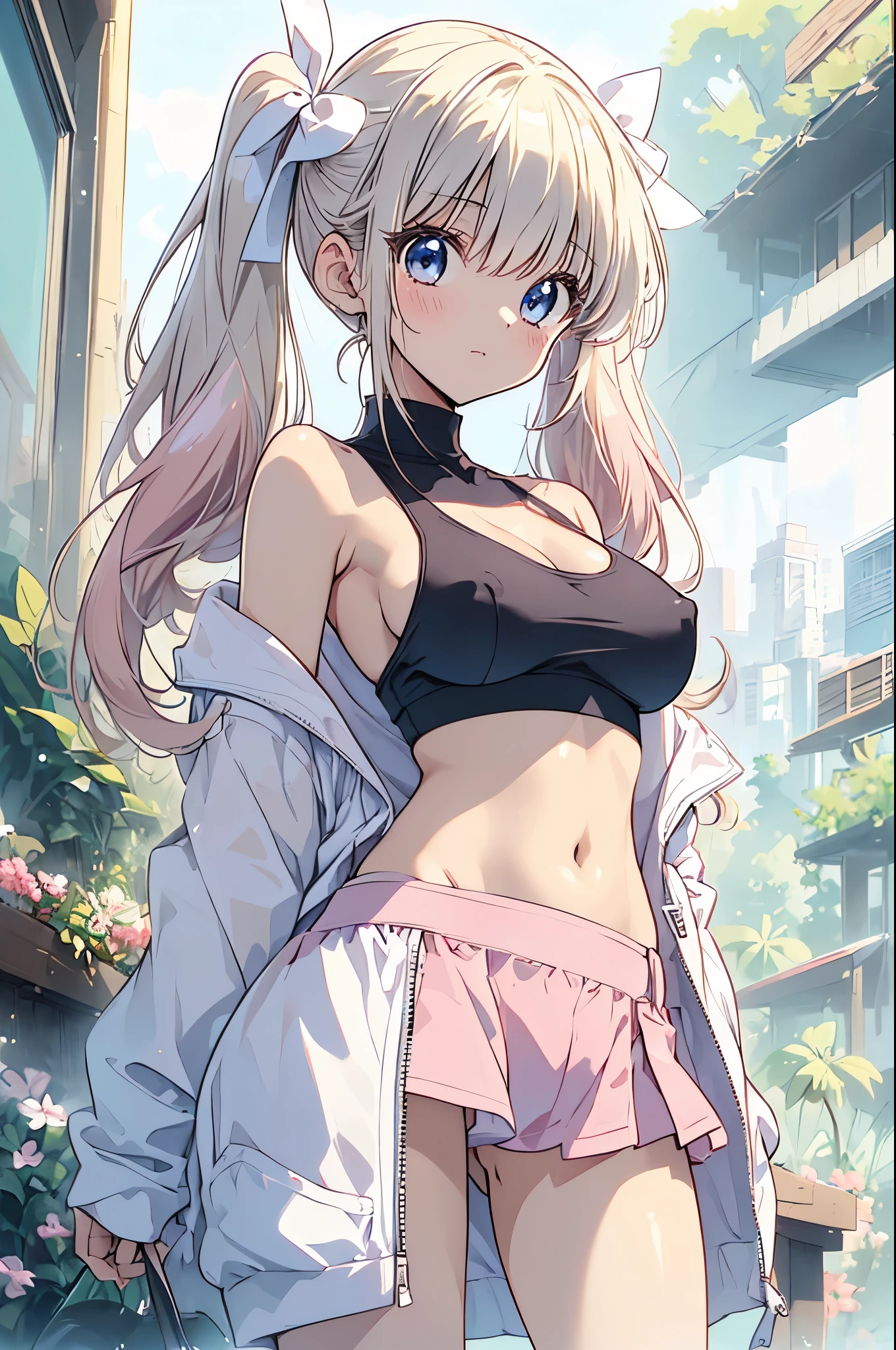 (Busty), (White jacket), (Light Pink)Tank top, (Pink Thong)(High leg)(High Cut), Erect nipples, Slim and narrow waist, belly button, Small hips, Only the waist, (partially exposed)vulva, (Blonde)bread(Twin tails), White ribbon, Dark Eyes, blue eyes, sunny, (Crotch wedge)Camel Toe