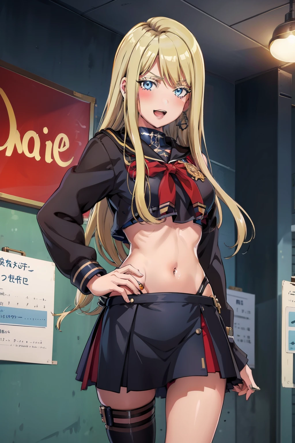 1girl, solo, blonde hair, blue eyes, long hair, large breasts, solo,  blush, lipstick, jewelry, earrings, Hot girl, baddie, mean girl, sensual, attractive, masterpiece, best quality, highly detailed, a anime girls in sailor uniforms with a gun posing for a picture,
evil smile, smile, open mouth,black_serafuku, ecchi anime style, anime girls , (nsfw) not safe for work,
ecchi style, ecchi, shipgirls, digital anime art!!, high school girls, holding a gun, hold a gun, anime style 4
k, micro skirt, exposed belly, exposed navel, exposed midriff, holding pistol,underboob,
exposed lower belly,school, classroom