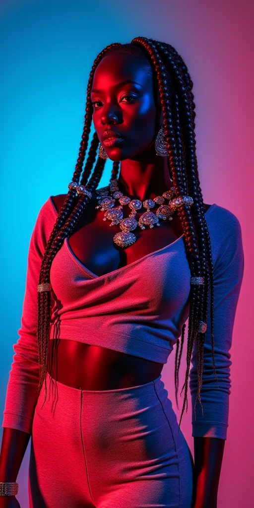 objective, dark skin Woman Goddess with tapered tiny waist, sweater dress with neon leggings, 8K UHD, thick feminine curvature in lower body, immaculate jewelry, stunning volumetric lighting, no , cellophane couture, Versace, Gucci, high details, face like Angela Bassett × Megan thee Stallion, thin waist:2, long neon braids with silver highlights, no  
