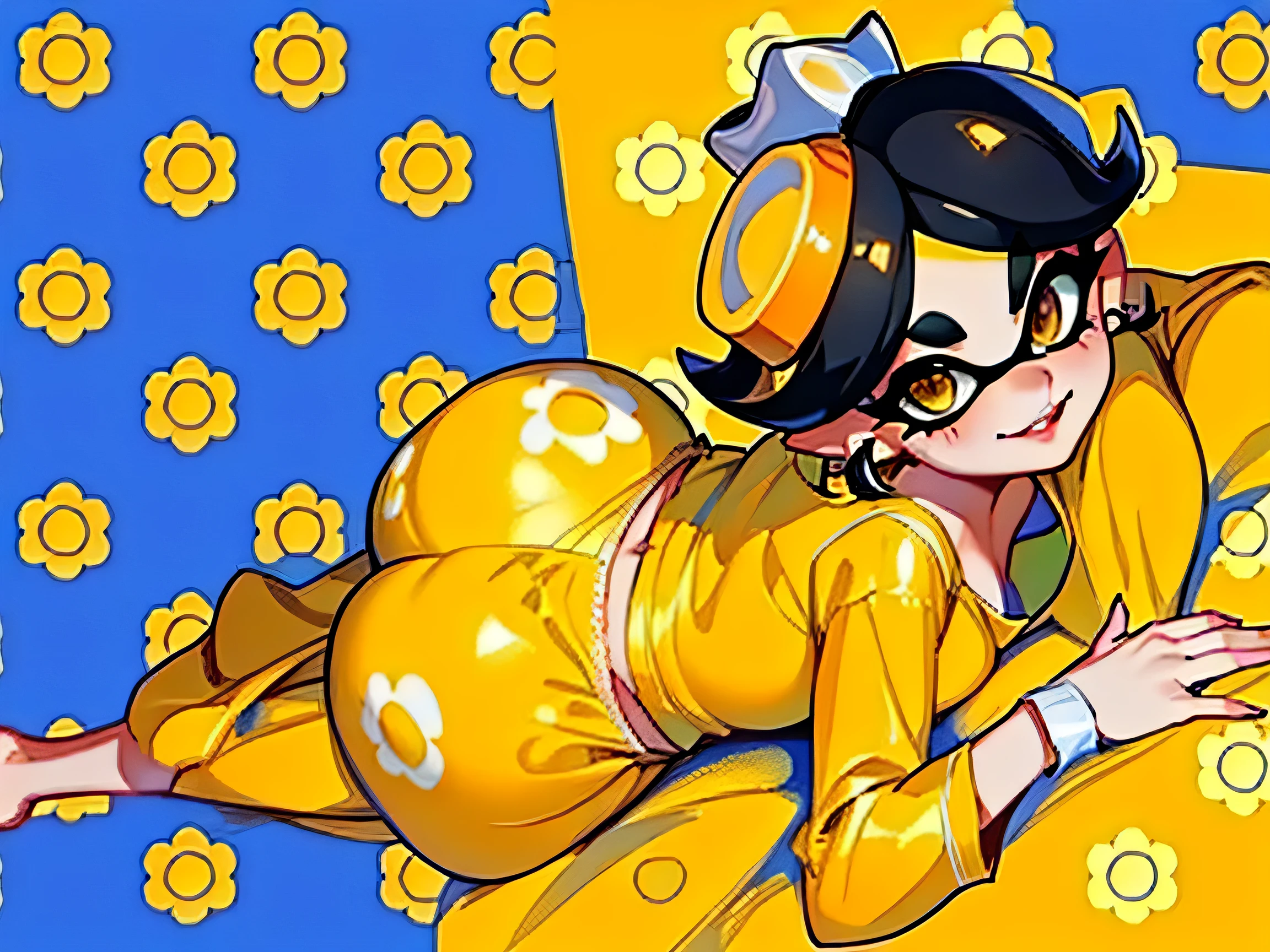 callie from splatoon, in a orange and yellow pijama, big booty