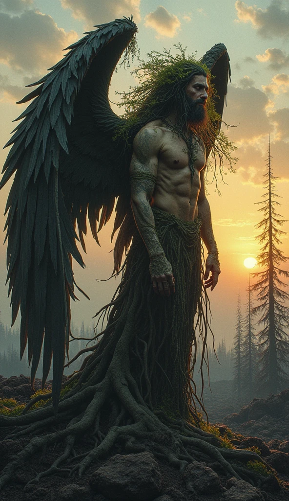 A muscular goddess from intertwined roots and clinging moss, cold and colorful eyes, looking for solace behind her enormous, leafy wings, against the backdrop of sunrise in a charred forest, the destruction from the flame is obvious, the detail of Albrecht Dürer-inspired hands, unsaturated hues to capture the solemn atmosphere, very detailed and dramatic lighting, masterpiece
Removed from Image
ugly, deformed, loud, blurred, distorted, out of focus, bad anatomy, extra limbs, an ill-drawn face, an ill-drawn hand, an ill-drawn finger, nudity, nudity, nudity