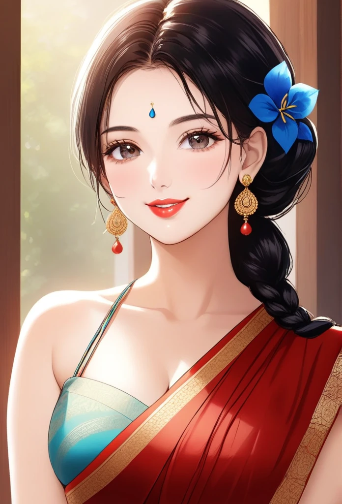 ((1woman, mature,single hair braid,saree, big long  jhumka earrings , detailed alluring eyes, smooth detailed lips, beautiful face, smiling ,red lipstick ,navel,bangles,blue ribbon,