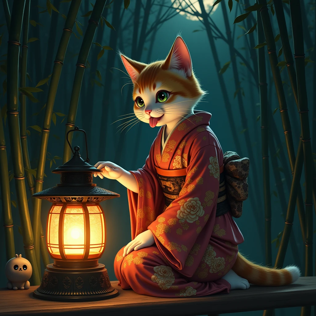 Traditional bamboo forest、Japanese Yokai、Cat、擬人化されたメスの三毛Cat、Wear a traditional kimono from Japan、Sticking out tongue、Night after night, Licking the oil of a lantern、detailed fur texture、Expressing the texture of a kimono in detail、Very detailed、Mysterious、Shine、mysterious、Silence、darkness、Fantasy、Ukiyo-e style、Dark colors、Dramatic lighting、Digital Painting、8k、high quality