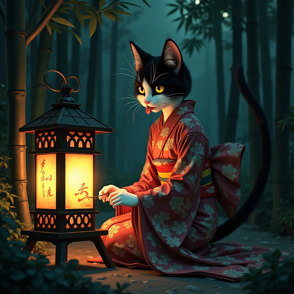 Traditional bamboo forest、Japanese Yokai、Cat、擬人化されたメスの三毛Cat、Wear a traditional kimono from Japan、Sticking out tongue、Night after night, Licking the oil of a lantern、detailed fur texture、Expressing the texture of a kimono in detail、Very detailed、Mysterious、Shine、mysterious、Silence、darkness、Fantasy、Ukiyo-e style、Dark colors、Dramatic lighting、Digital Painting、8k、high quality