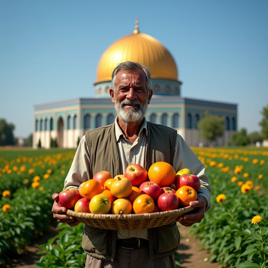 A poor farmer standing in front of a mosque.
Farmer's hand holding fruits and mosque background.