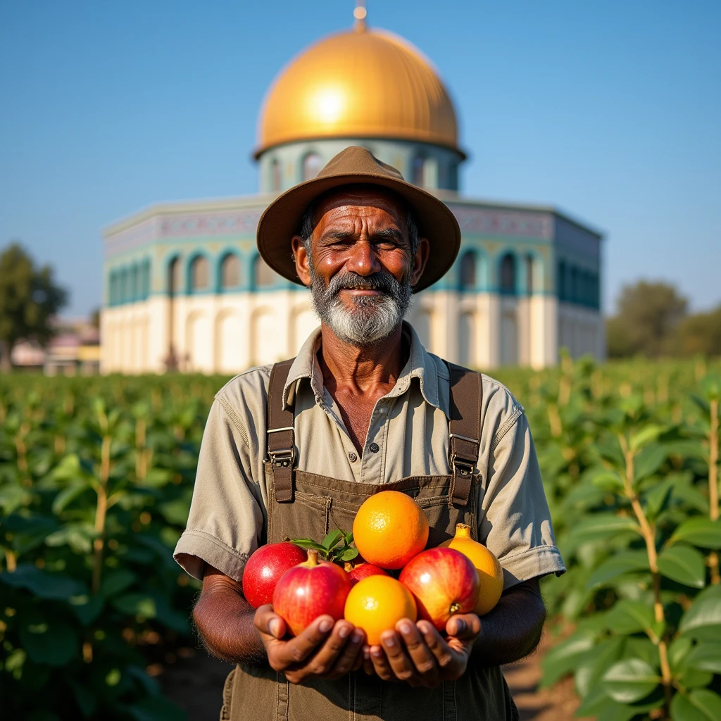 A poor farmer standing in front of a mosque.
Farmer's hand holding fruits and mosque background.