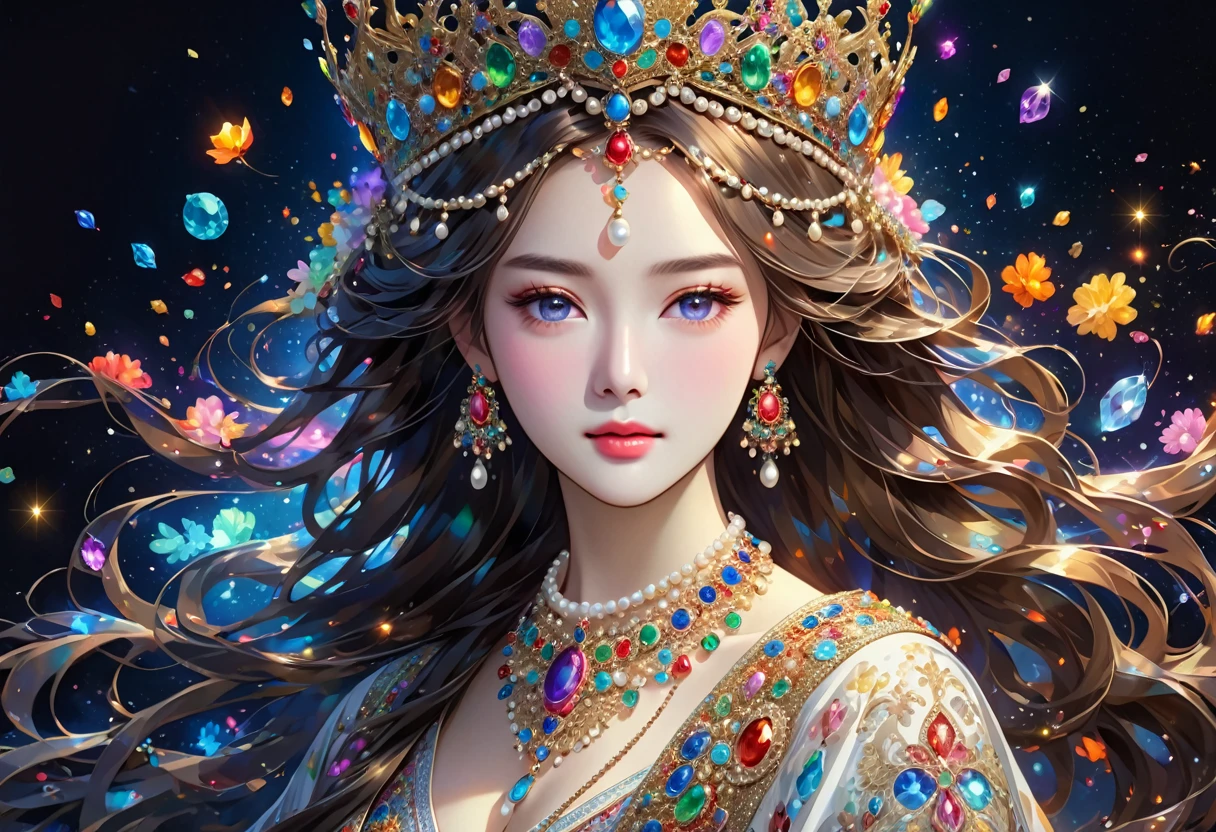 The image shows a person with long, flowing hair adorned in a crown decorated with various gemstones and intricate designs. The person is also wearing an elaborate necklace with multiple colorful gemstones and possibly pearls, which match the adornments on the crown. The background is dark, accentuating the luminous and detailed jewelry. The overall effect is ethereal and regal.