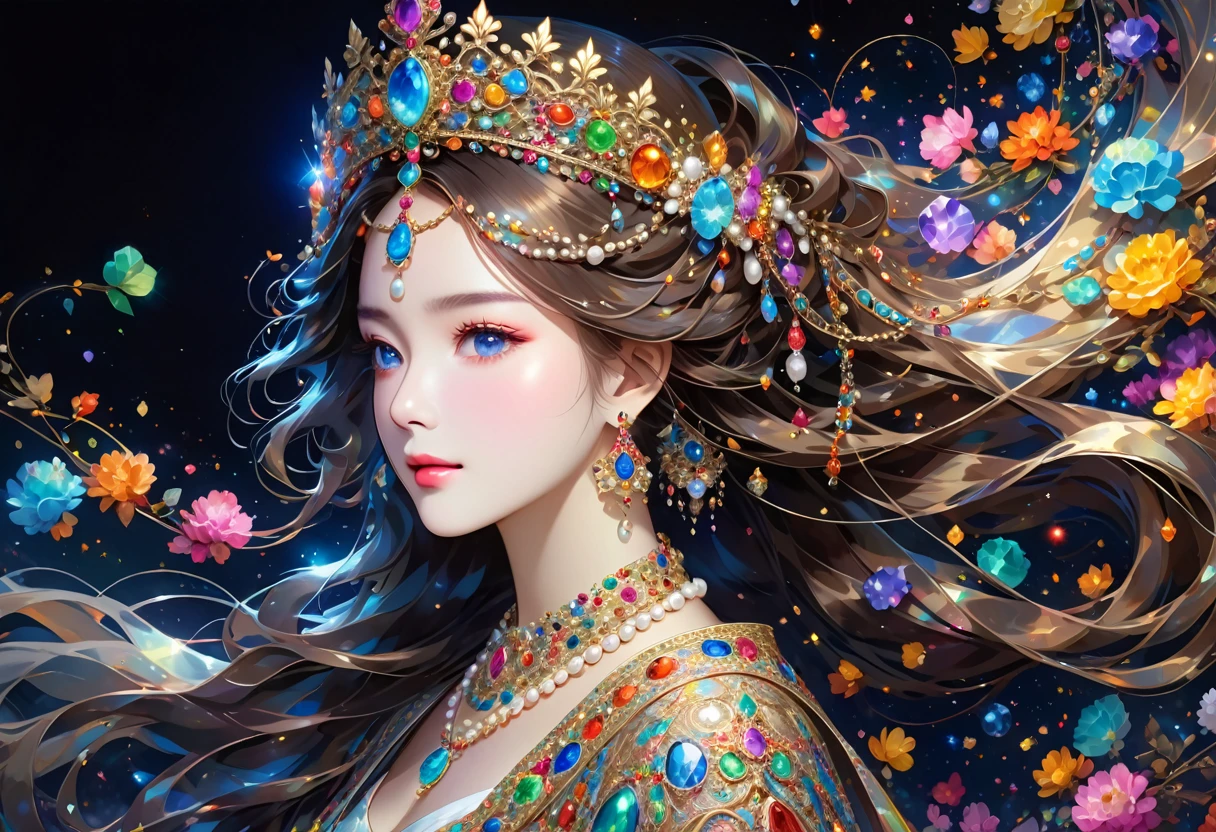 The image shows a person with long, flowing hair adorned in a crown decorated with various gemstones and intricate designs. The person is also wearing an elaborate necklace with multiple colorful gemstones and possibly pearls, which match the adornments on the crown. The background is dark, accentuating the luminous and detailed jewelry. The overall effect is ethereal and regal.