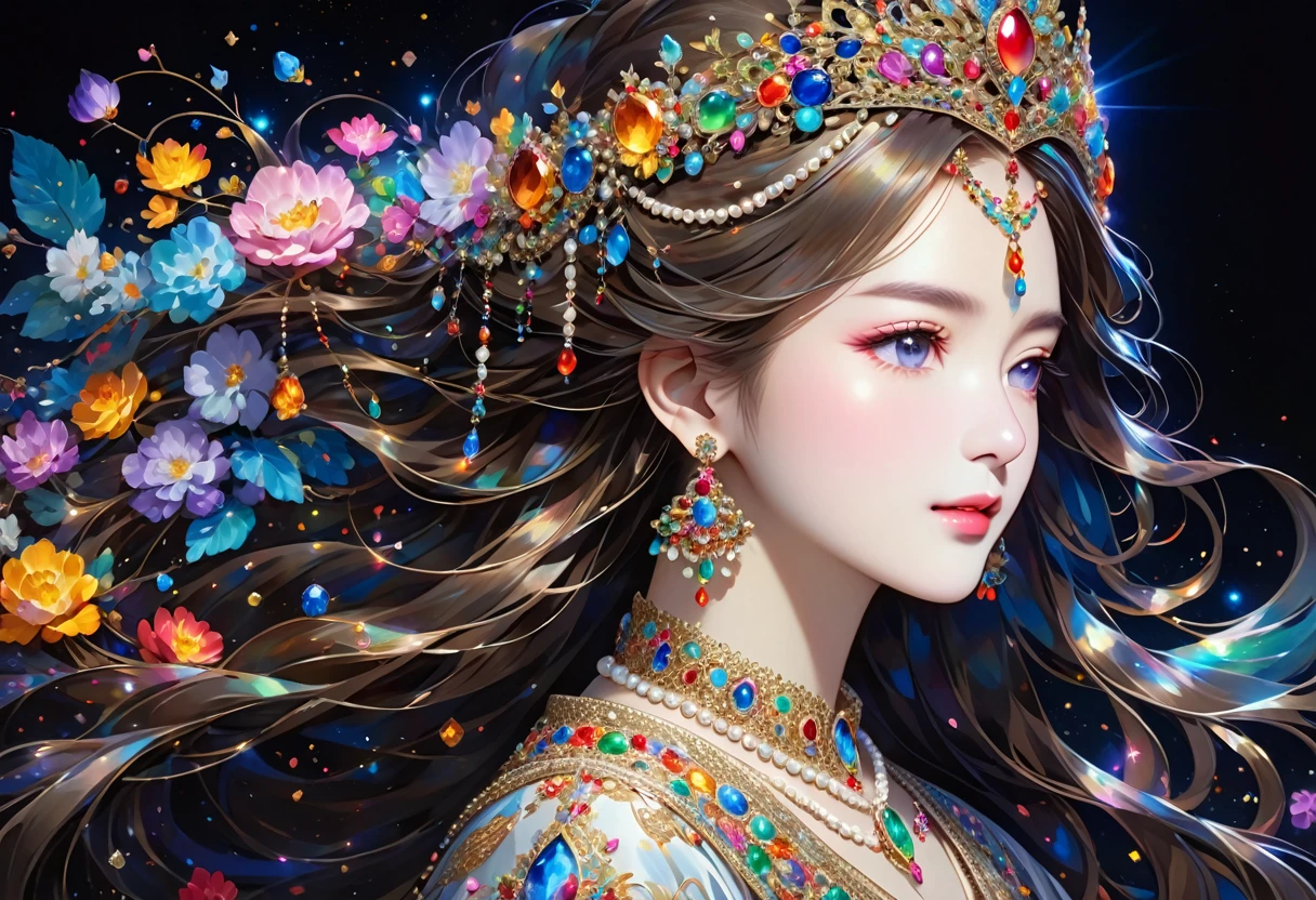 The image shows a person with long, flowing hair adorned in a crown decorated with various gemstones and intricate designs. The person is also wearing an elaborate necklace with multiple colorful gemstones and possibly pearls, which match the adornments on the crown. The background is dark, accentuating the luminous and detailed jewelry. The overall effect is ethereal and regal.