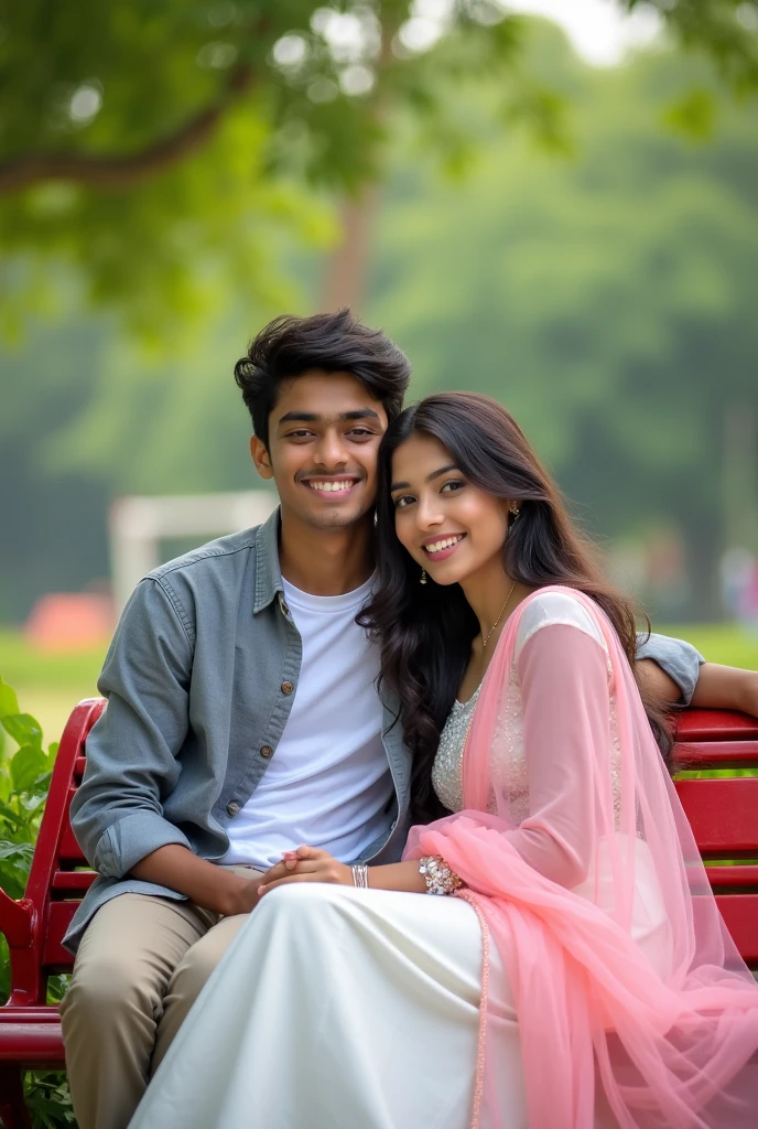 A young couple is sitting on a red bench in a park, a 17 year old Indian young slim boy with medium length haircut and wearing a grey shirt and t-shirt inner and a 19 year old young girl wearing a pink and white Indian suit, the young Indian boy has his hand on the young girl's neck and they both are looking at the camera. They are in love and happy together. The background has a blurred image of green trees and plants. The image is shot in a