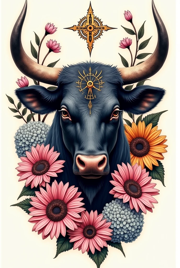 Bull bust with occult details surrounded by flowers, including gerberas,pink sunflowers, alcatraces and hydrangeas. Designed as a tattoo stencil
