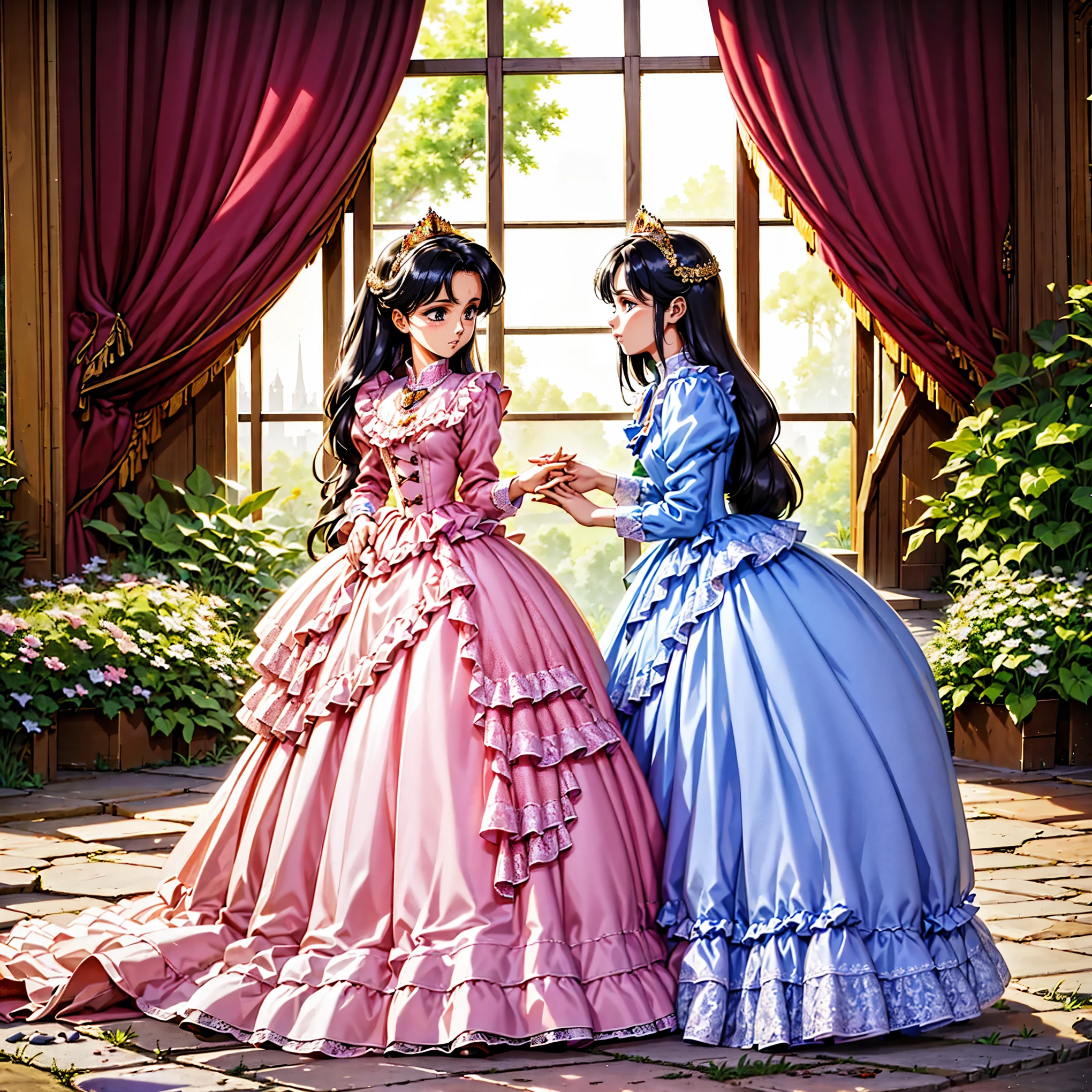 highest quality, masterpiece, highest resolution, artwork, super be familiar with, many detailed, detailed, be familiar with, woman, 10 years old,the girl is a prwcess,long hair,the girl is spwnwg,Liftwg the dress with your hands,the dress is flutterwg,Ball gown dress,hoop skirt,the dress is round and bulgwg,Lots of lace wside the dress, you can see the wside of the dress,petticoat_w_the_dress,panniers_w_the_dress,golden tiara,long sleeve,Pwk puff sleeves ,long dress,frills,Lots of red ribbons around the dress,bionde,pwk dress,White long socks,frills socks