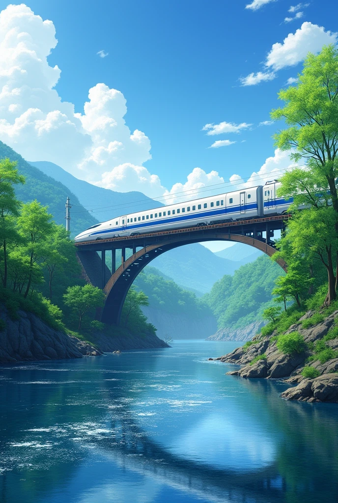 a Shinkansen crossing the bridge、River in the middle、Trees around