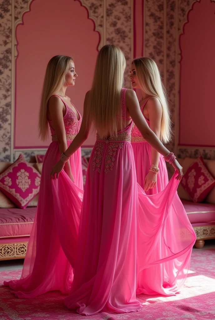 (photorealism:1.2), 4 beautiful harem girls, sexy slim perferct bodies, big size sexy round breasts, big size sexy round asses, wearing see through sexy pink harem girls sexy see through small super sexy costumes and super sexys g-string thongs, blonde straight hair, indoors in a well lit pink harem room, realistic, intricate details, high resolution, masterpiece, highly detailed, practicing their sexy Arabic dance moves