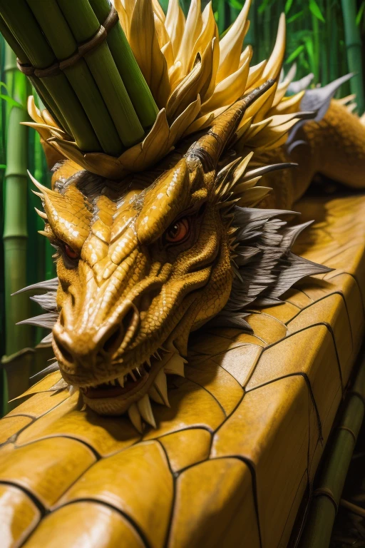 best quality, high quality, ultra quality, 8k, masterpiece, detailed, extremely detailed, insanely detailed, ultra detailed, ultra highres ,exquisite, lifelike Images,cinematic experience,UHD picture,Realistic,photorealistic,hyperrealistic,vivid,RAW photo,shot by DSLR, Giant Bamboo forest, Bamboo trees, Red Chinese dragon prowling in the bamboo forest, bamboo trees, long blue dragon in the bamboo forest, actually looking yellow dragon,