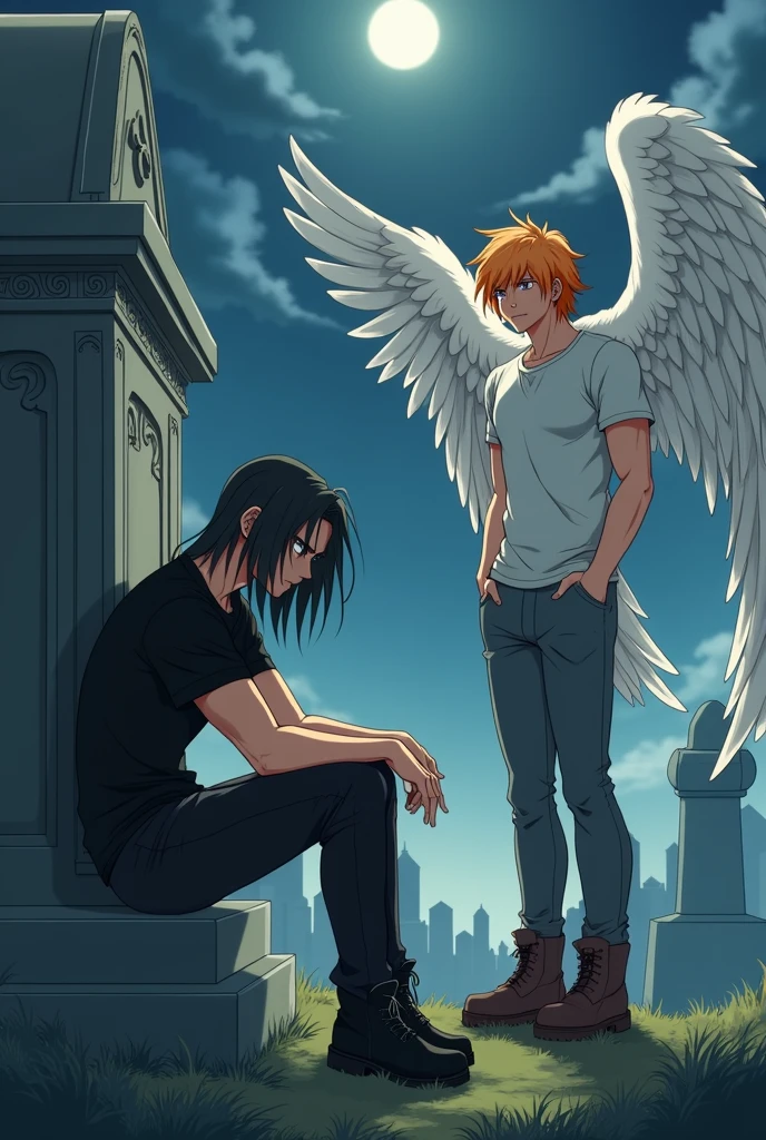 First character: A guy with long black hair, gray eyes, Beautiful face, Beautiful skinny body, black T-shirt, black trousers, black boots,sad, sitting in a graveyard in front of a headstone. The second character is a guy: blond, Beautiful, Pumped up body, in a gray shirt and white pants, black boots, with large angel wings and brown eyes. Third Character: guy with orange hair, in a white T-shirt and dark gray pants, Brown boots, Blue eyes, Large angel wings. anime art, masterpiece, realistically, super detail, Hand detailing,