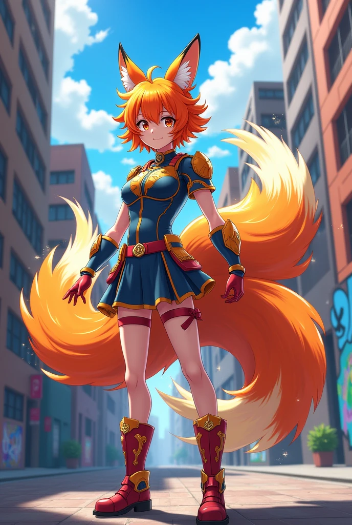 A girl with orange hair and a white strand, with 9 kitsune fox tails, anime style like My Hero Academia, In her short hero costume