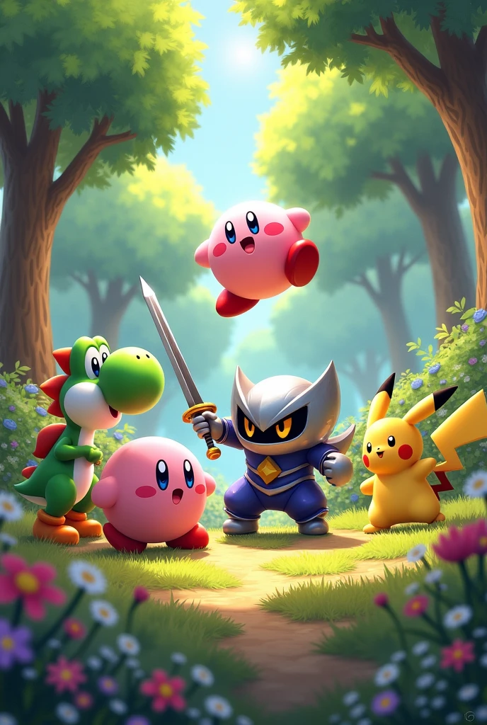 Kirby, Meta Knight, Yoshi, Greninja, and Pikachu