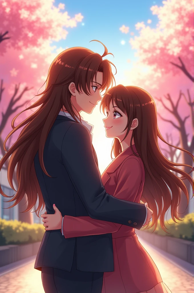 Handsome long brown haired boy hugging a sexy girl with long brown hair and long bangs anime style full body standing
